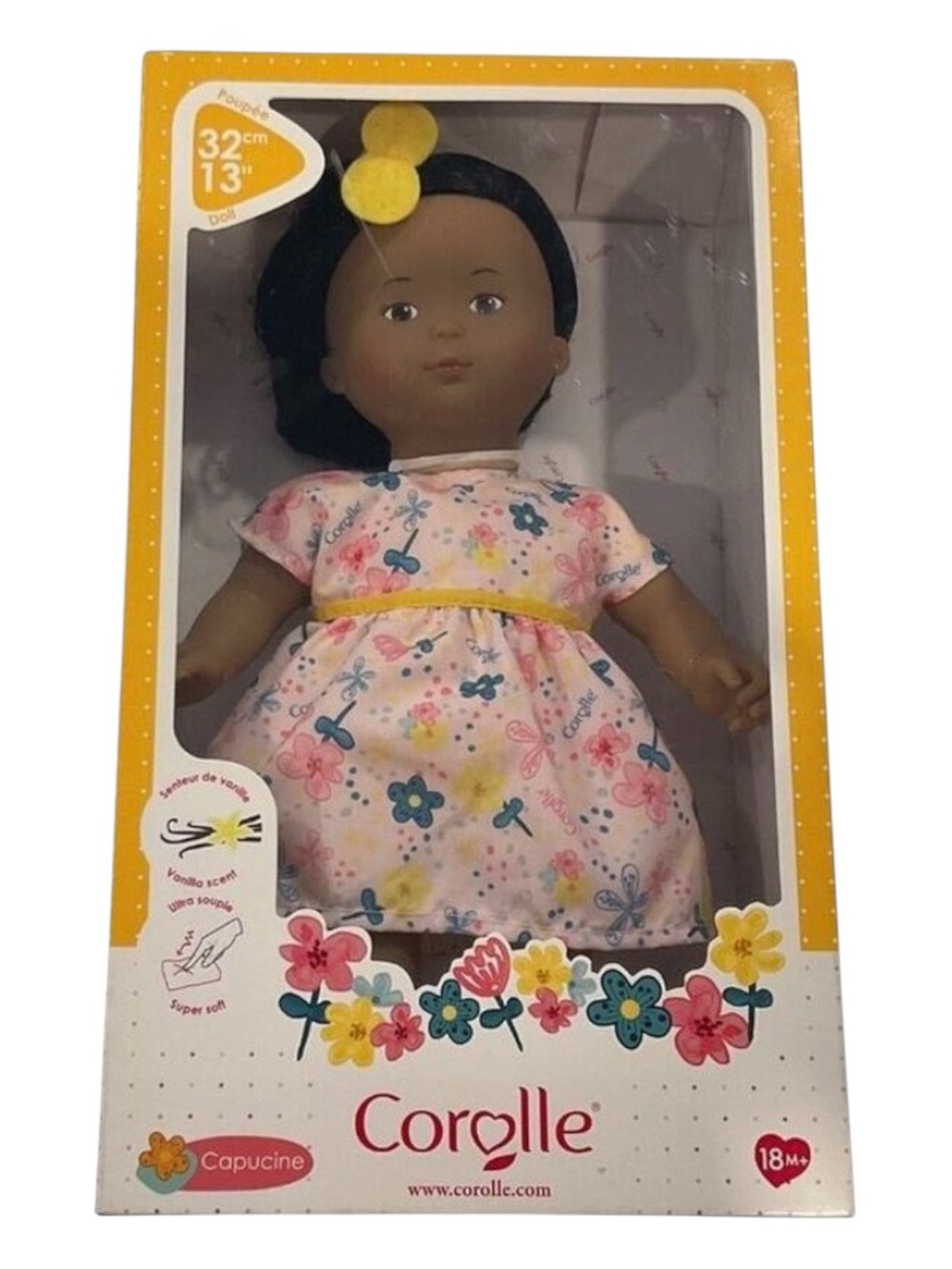 New Corolle 13" Baby Doll Capucine Floral Dress For Ages 18M+ Vanilla Scent